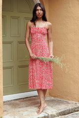 Haydin Tied Bust Split Midi Dress Floral Red