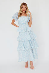 Giavana Puff Sleeve Layered Maxi Dress Floral Blue