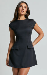 Wyatt Mini Dress - Short Sleeve Corset A Line Dress in Black