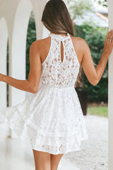 Ever After Halterneck Elasticated Waist Lace Mini Dress White