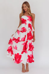 Giavana Strapless Layered Midi Dress Floral Red