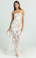 Sienna Maxi Dress 3D Floral Strapless Column Dress in White