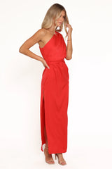 Nadia One Shoulder Maxi Dress - Red Jacquard Satin
