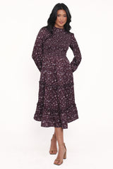 Edwina Shirred Frill Long Sleeve Midi Dress - Plum Floral