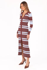 Eliana Long Sleeve Midi Dress - Brown Blue Stripe