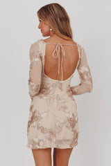 Karma Long Sleeve Scoop Back Dress Embellished Gold