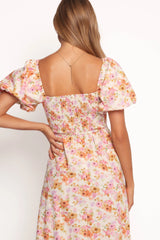 Clo Puff Sleeve Midi Dress - Peach Floral
