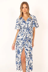 Kaleen Midi Wrap Dress - White Blue
