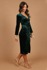 Lisse Twist Front Long Sleeve Velvet Midi Dress - Emerald