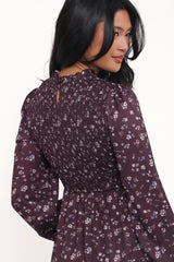 Edwina Shirred Frill Long Sleeve Midi Dress - Plum Floral