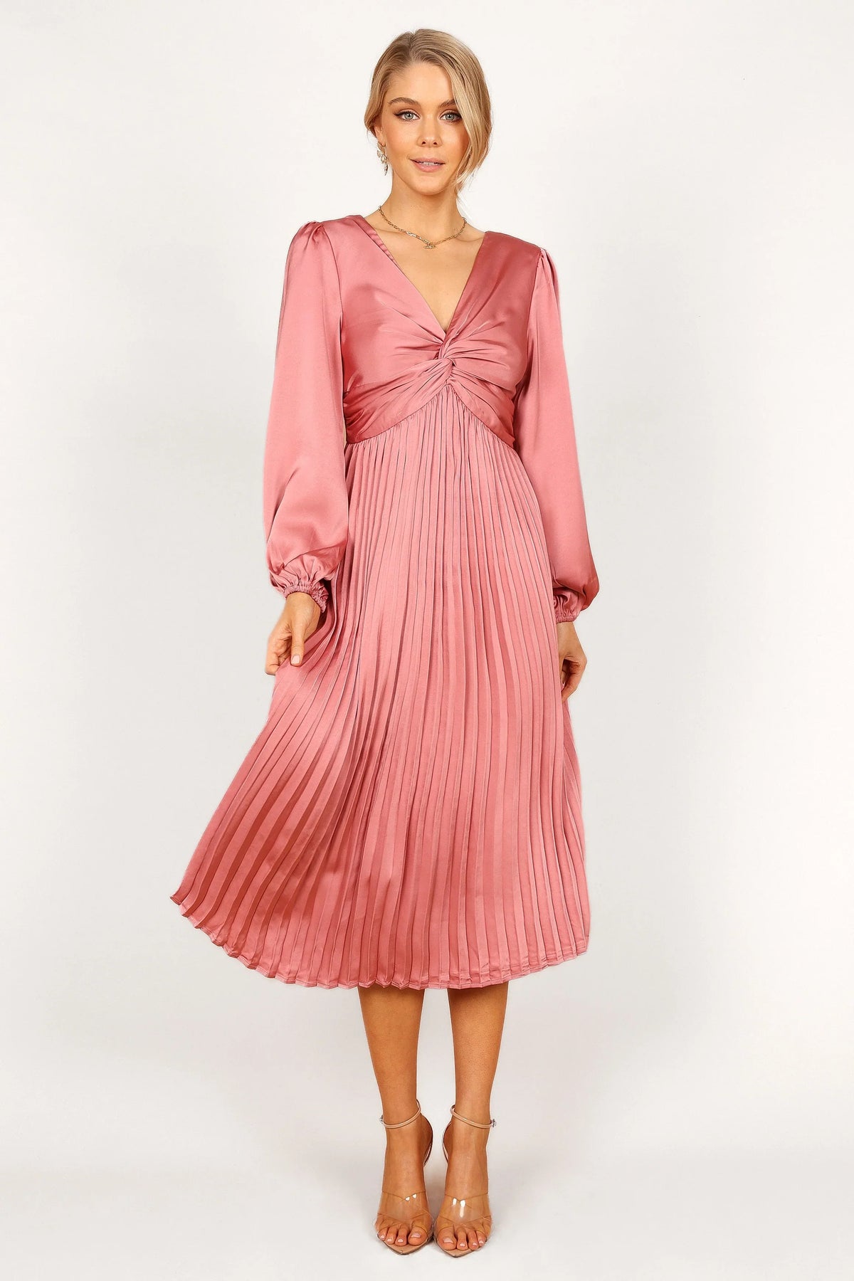 Noelle Twist Front Pleated Midi Dress - Blush