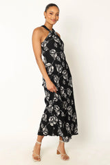 Melody Plisse Halter Maxi Dress - Black Floral