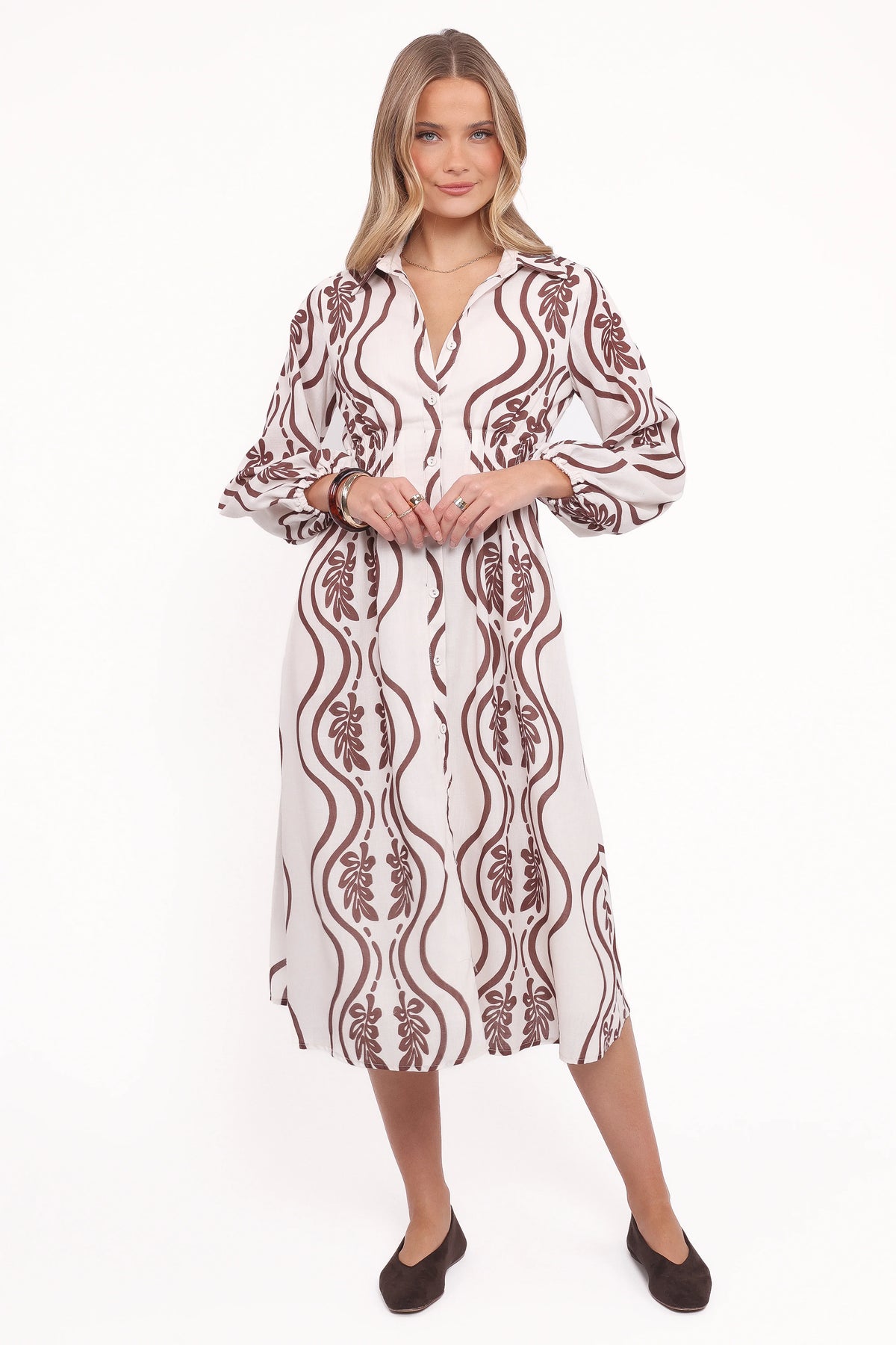Lira Long Sleeve Midi Dress - Brown Print