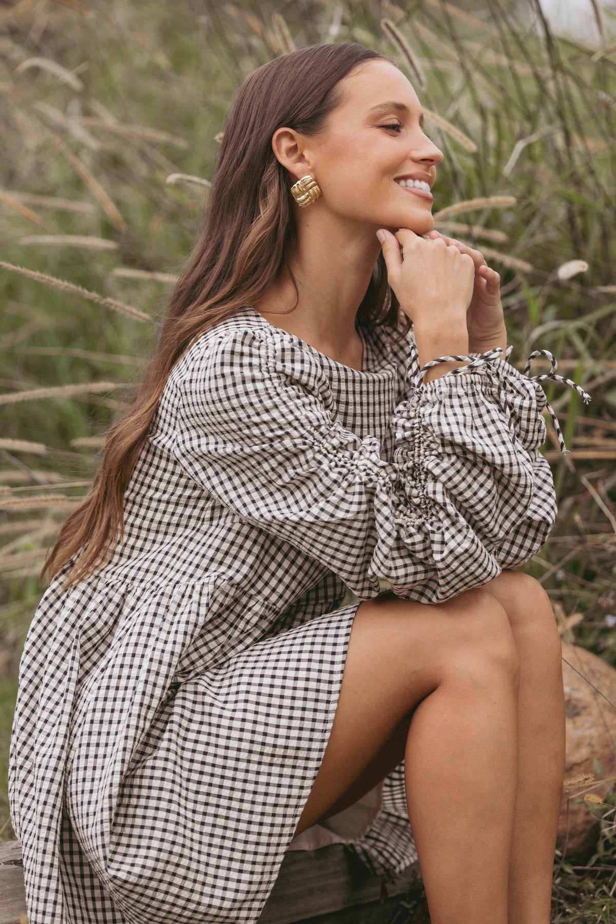 Micaela Long Sleeve Mini Dress - Black Gingham