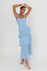Veda Ruffle Strap Split Maxi Dress Blue