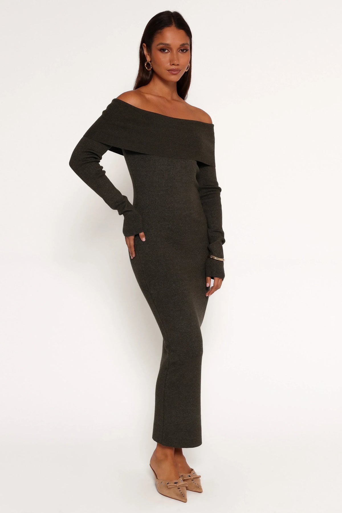 Archie Off The Shoulder Midi Dress - Olive