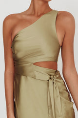 Abloom One Shoulder Satin Maxi Dress Khaki