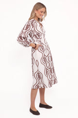 Lira Long Sleeve Midi Dress - Brown Print
