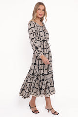 Faris Off Shoulder Midi Dress - Black Geo