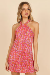 Melody Plisse Halter Mini Dress - Hot Pink