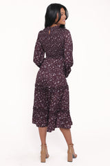 Edwina Shirred Frill Long Sleeve Midi Dress - Plum Floral